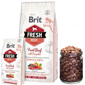 Холистична суха храна Brit Fresh Beef with Pumpkin Puppy Large Bones & Joints  за подрастващи кученца от големите породи, с прясно телешко месо и тиква 